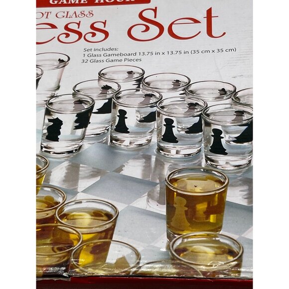 Game hour shot glass chess set brand new box 1 glass game board measuring READ - Picture 3 of 7